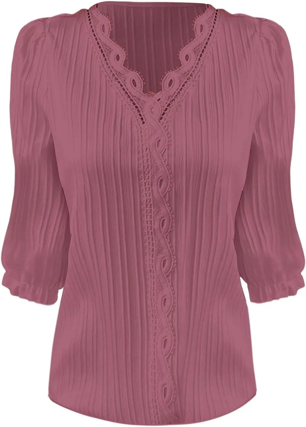 Women's Casual Summer Lace Shirt Plain Elegant 3/4 Sleeve V Neck Solid Color Tee Top Loose Fit Beach Vacation Blouses