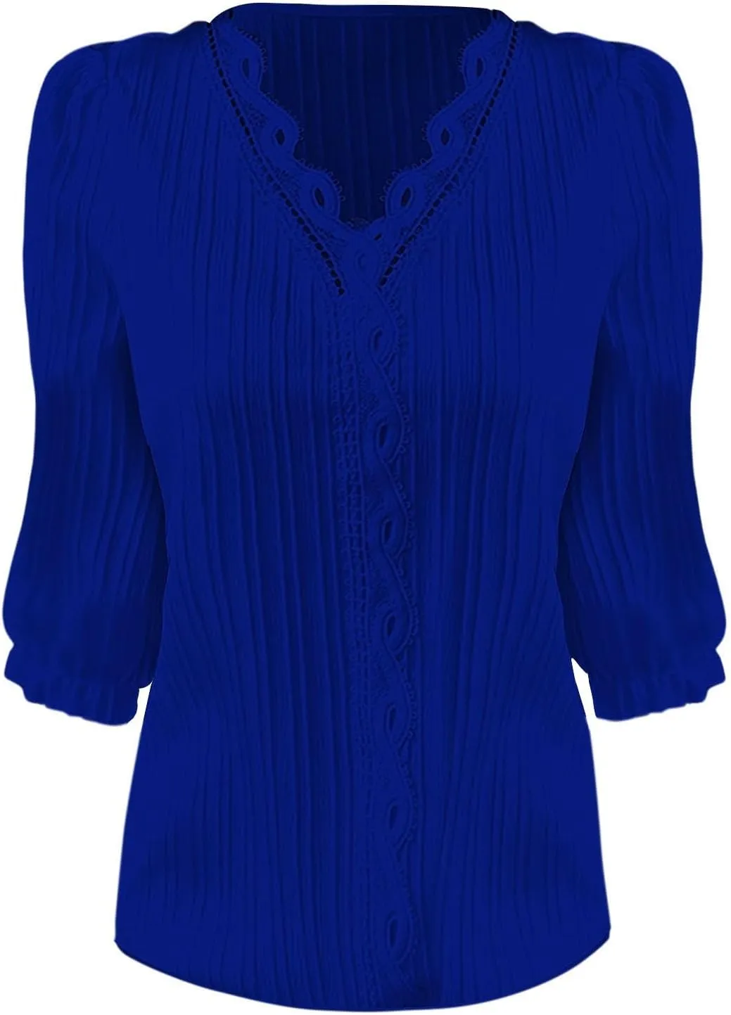 Women's Casual Summer Lace Shirt Plain Elegant 3/4 Sleeve V Neck Solid Color Tee Top Loose Fit Beach Vacation Blouses