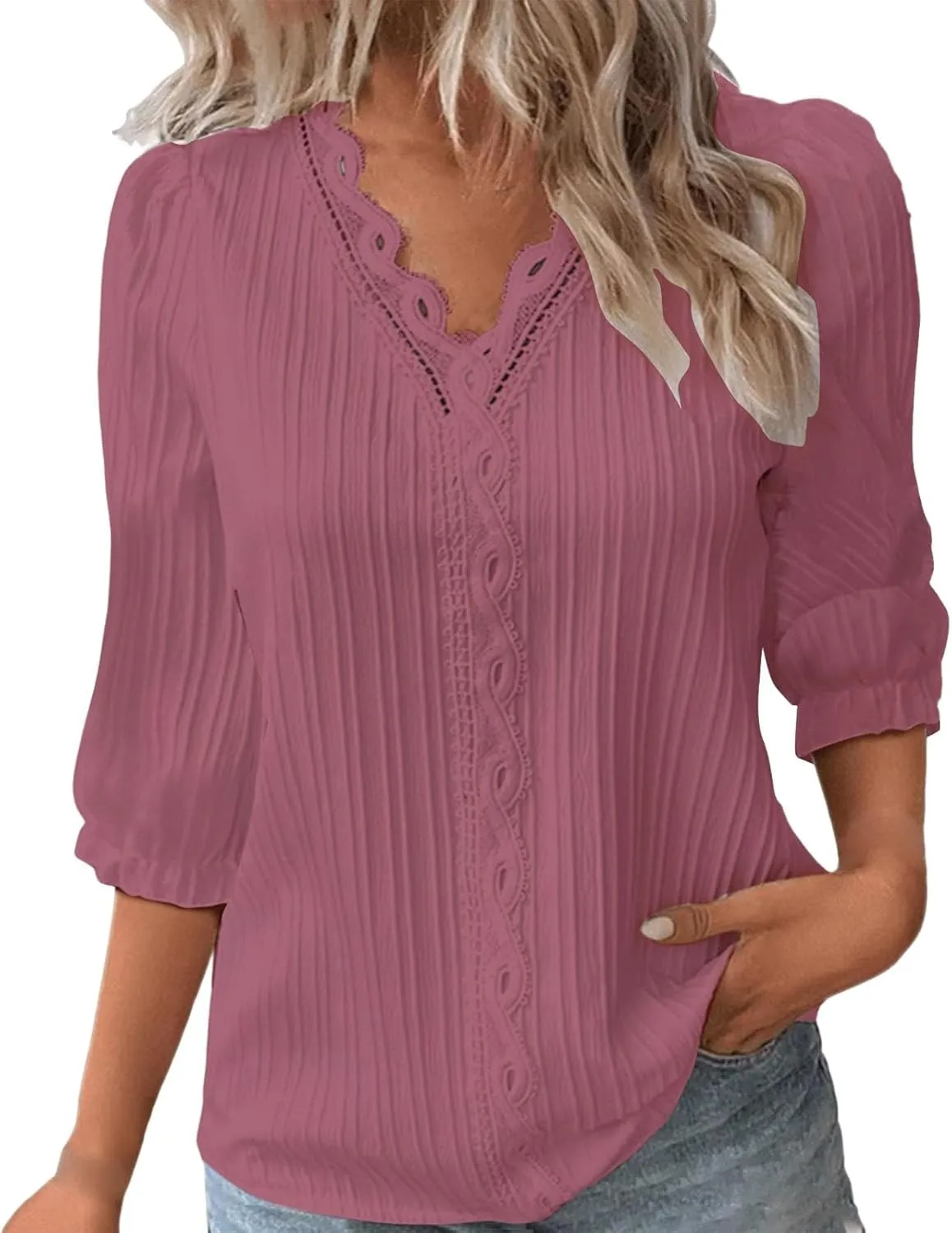 Women's Casual Summer Lace Shirt Plain Elegant 3/4 Sleeve V Neck Solid Color Tee Top Loose Fit Beach Vacation Blouses