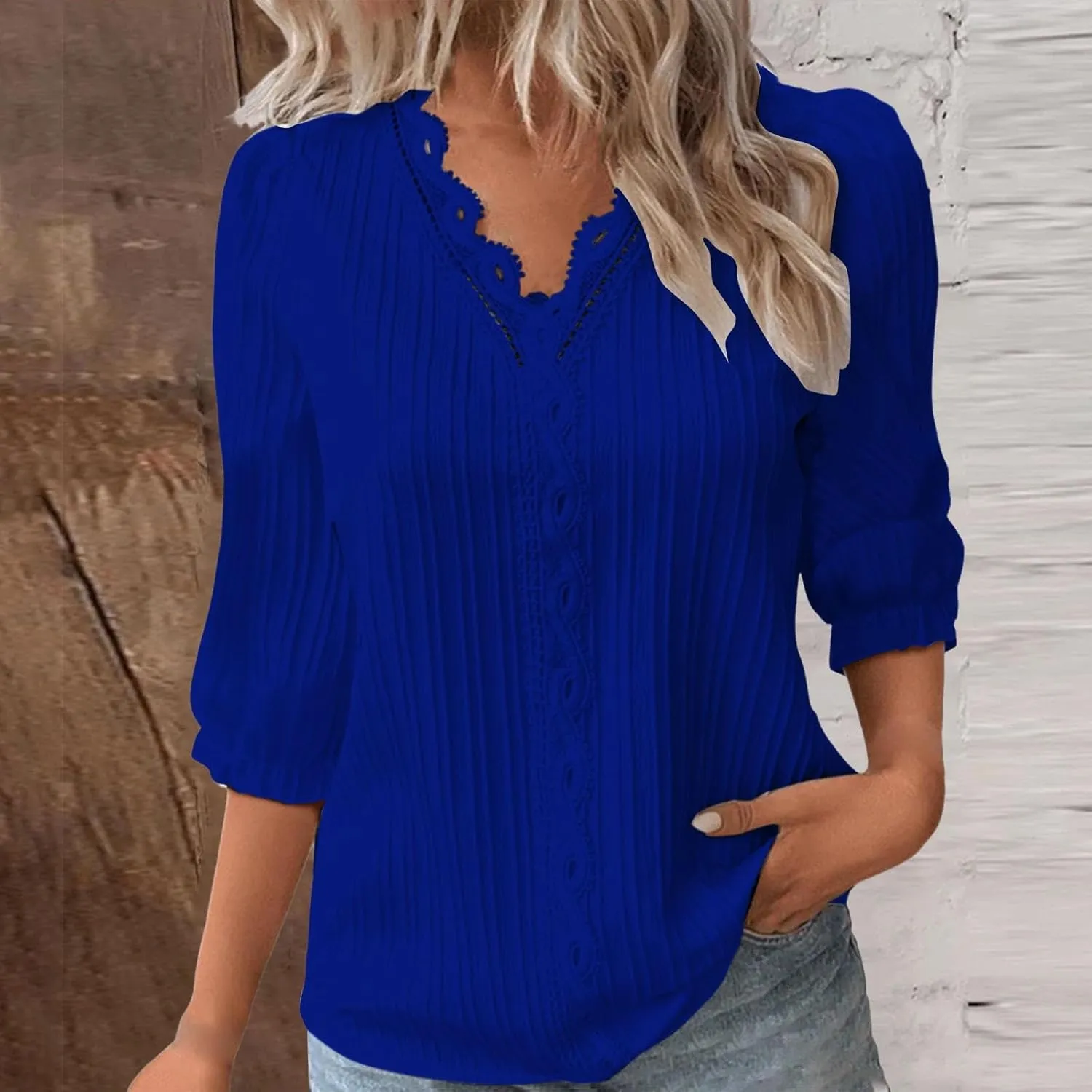 Women's Casual Summer Lace Shirt Plain Elegant 3/4 Sleeve V Neck Solid Color Tee Top Loose Fit Beach Vacation Blouses