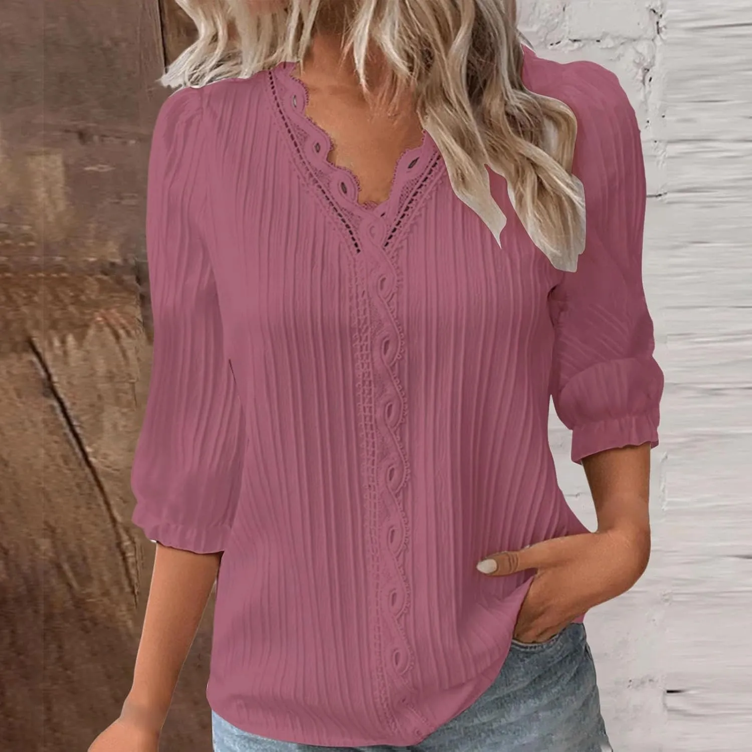 Women's Casual Summer Lace Shirt Plain Elegant 3/4 Sleeve V Neck Solid Color Tee Top Loose Fit Beach Vacation Blouses