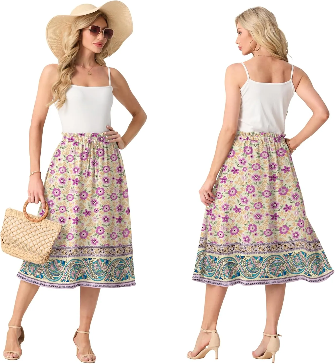Womens Causal High Waisted Summer Midi Skirts Flowy Palazzo A-Line Long Skirt with Pockets