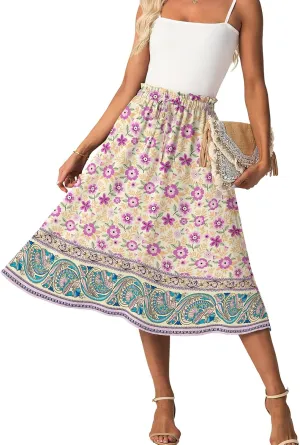 Womens Causal High Waisted Summer Midi Skirts Flowy Palazzo A-Line Long Skirt with Pockets