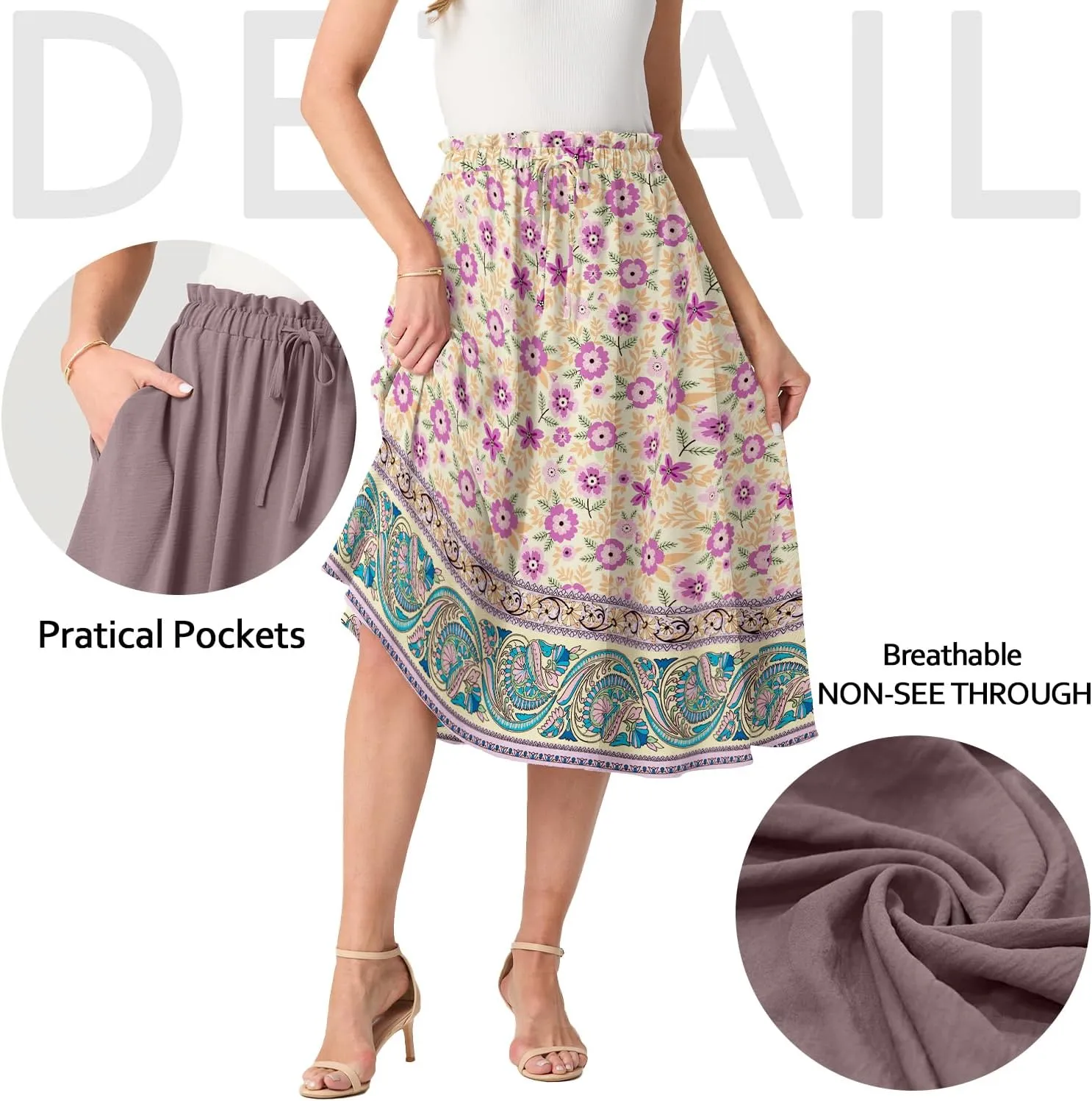 Womens Causal High Waisted Summer Midi Skirts Flowy Palazzo A-Line Long Skirt with Pockets
