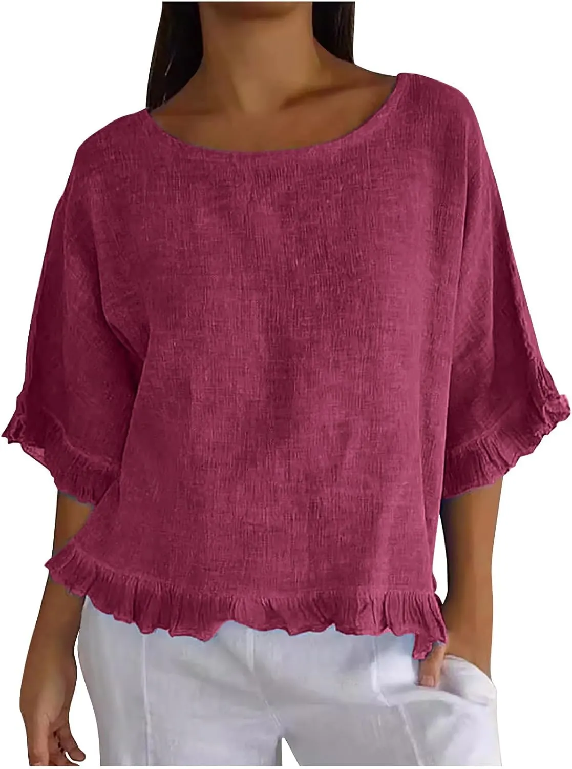 Women's Cotton Linen Blouse Ruffle Pleated Hem Tops Loose Casual Half Sleeve Round Neck Basic Tee Shirts