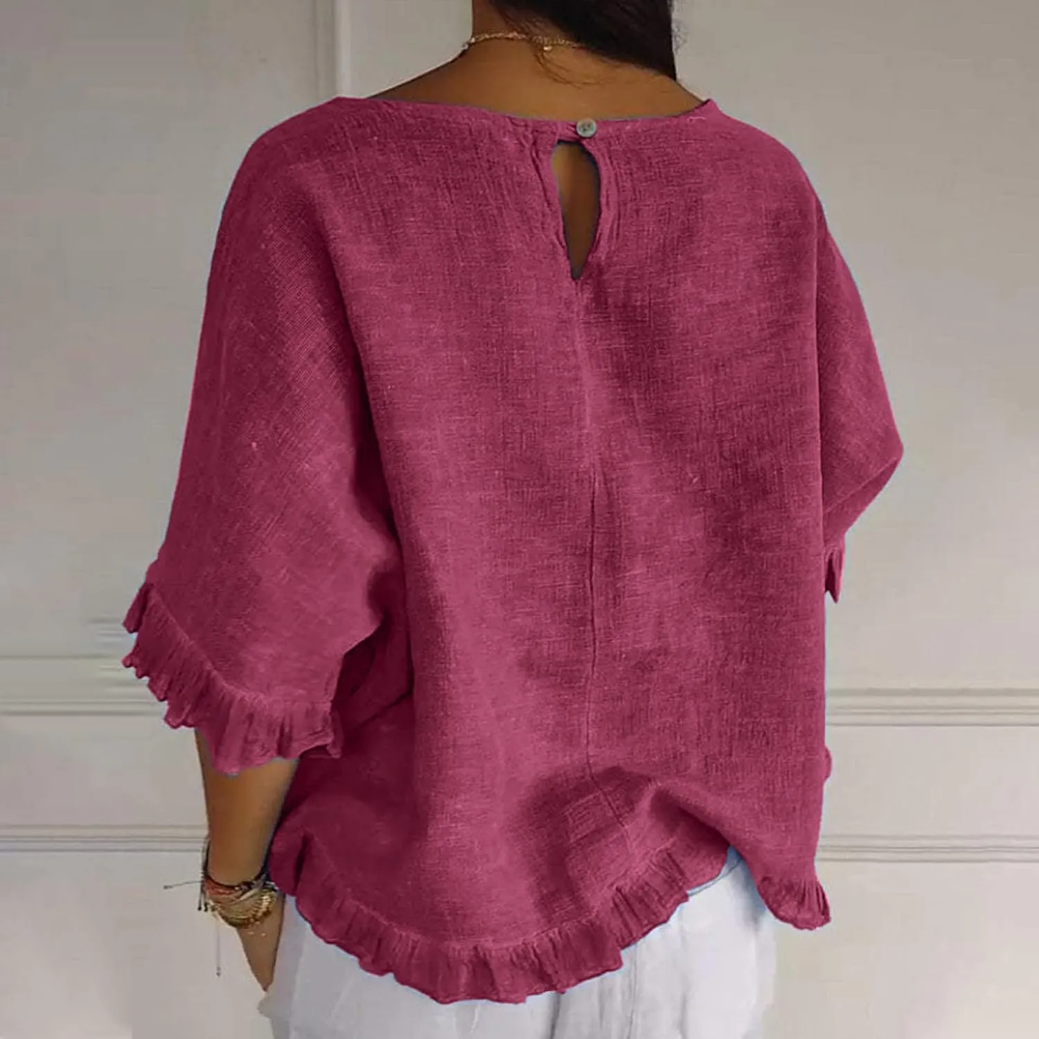 Women's Cotton Linen Blouse Ruffle Pleated Hem Tops Loose Casual Half Sleeve Round Neck Basic Tee Shirts