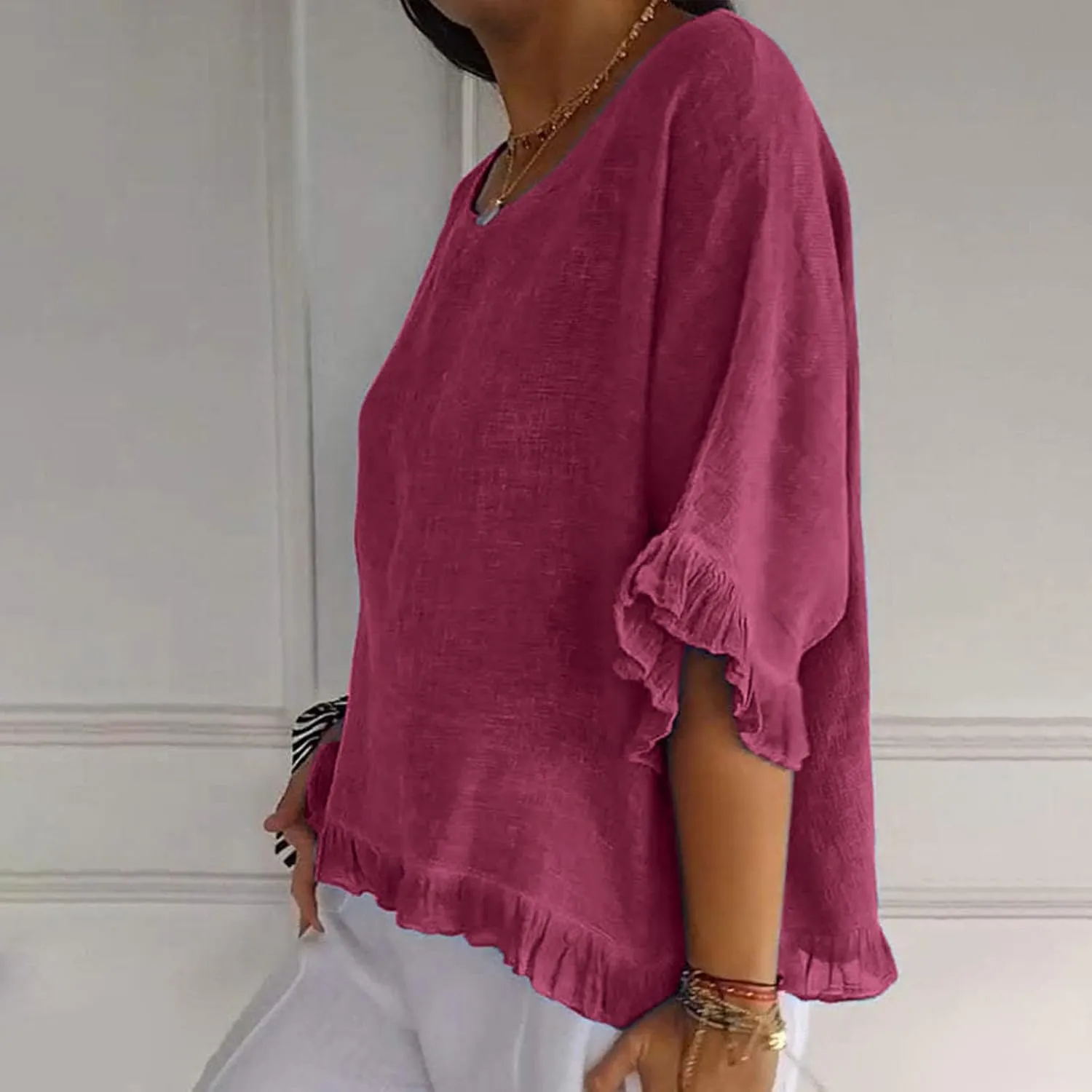 Women's Cotton Linen Blouse Ruffle Pleated Hem Tops Loose Casual Half Sleeve Round Neck Basic Tee Shirts