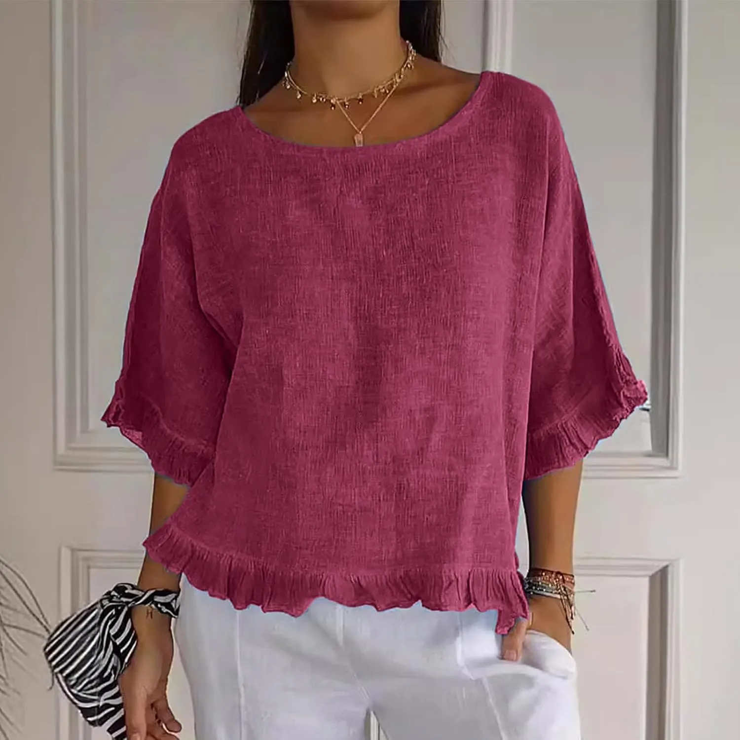 Women's Cotton Linen Blouse Ruffle Pleated Hem Tops Loose Casual Half Sleeve Round Neck Basic Tee Shirts