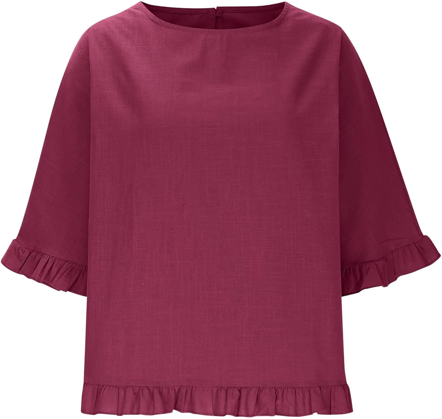 Women's Cotton Linen Blouse Ruffle Pleated Hem Tops Loose Casual Half Sleeve Round Neck Basic Tee Shirts