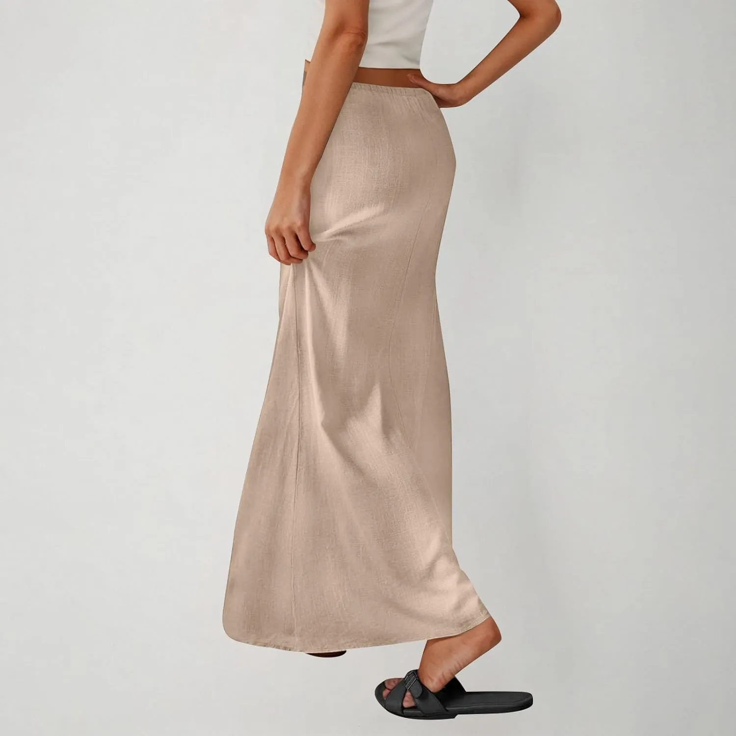 Women's Cotton Linen Skirts Summer Solid Color Elastic Waist Drawstring Skirt Casual Summer Flowy Ankle Length Skirt