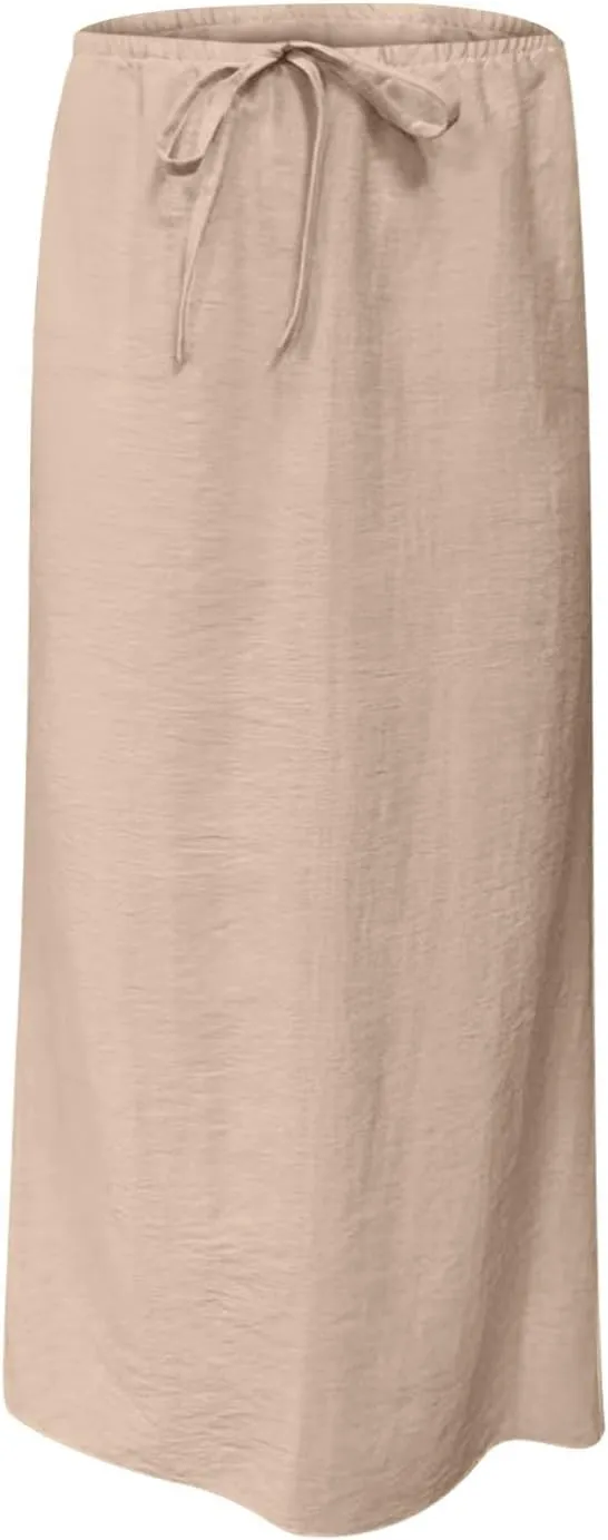 Women's Cotton Linen Skirts Summer Solid Color Elastic Waist Drawstring Skirt Casual Summer Flowy Ankle Length Skirt