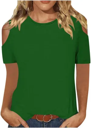 Womens Crew Neck Cold Shoulder Tops Short Sleeve Casual T Shirt 2025 Dressy Blouse Trendy Summer Loose Fit Tunic Tees