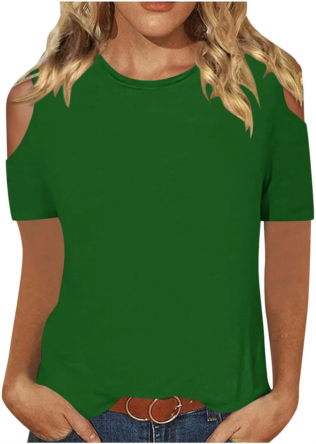Womens Crew Neck Cold Shoulder Tops Short Sleeve Casual T Shirt 2025 Dressy Blouse Trendy Summer Loose Fit Tunic Tees