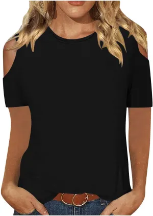 Womens Crew Neck Cold Shoulder Tops Short Sleeve Casual T Shirt 2025 Dressy Blouse Trendy Summer Loose Fit Tunic Tees
