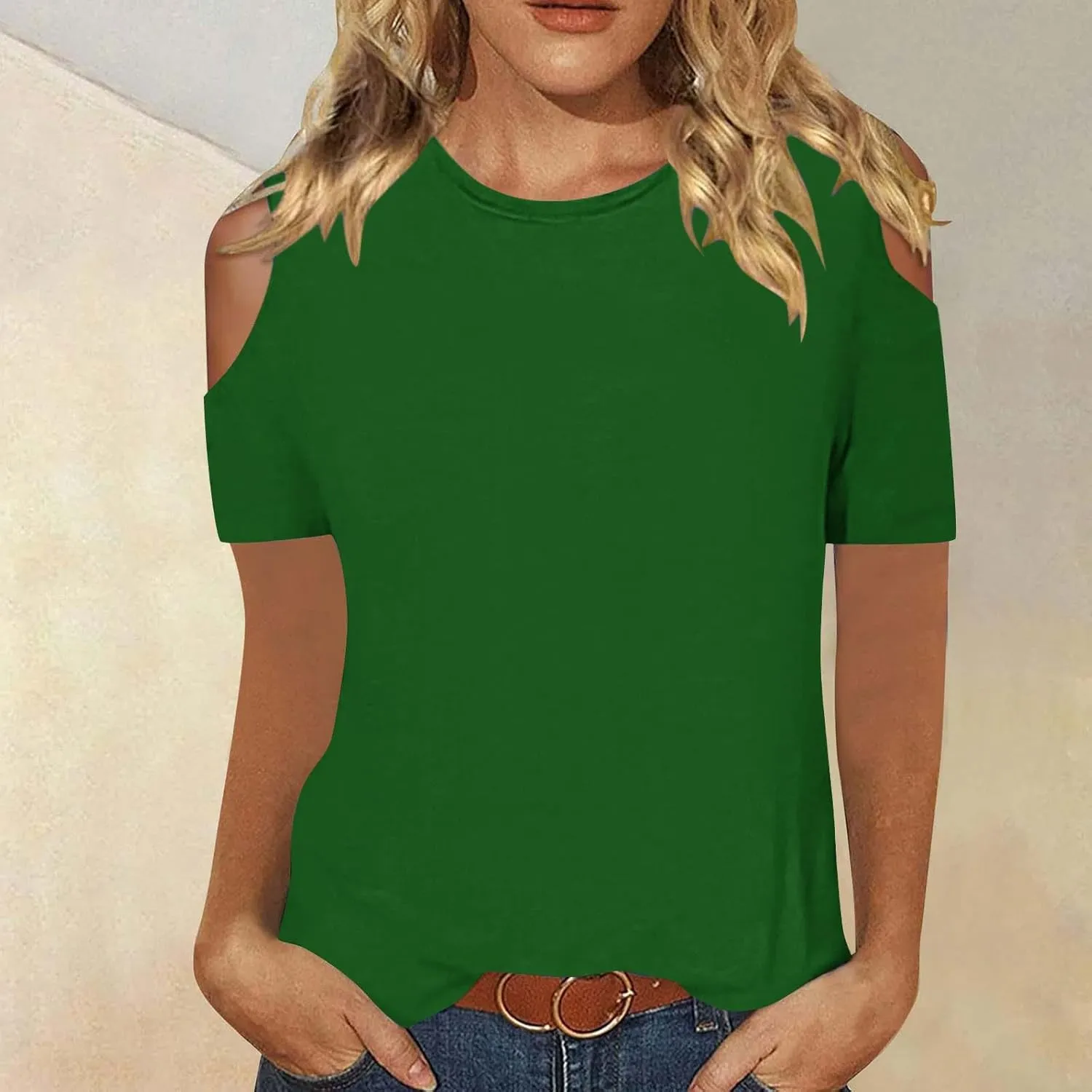 Womens Crew Neck Cold Shoulder Tops Short Sleeve Casual T Shirt 2025 Dressy Blouse Trendy Summer Loose Fit Tunic Tees