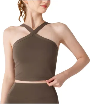 Women's Crop Tops Sexy Criss Cross Halter Sleeveless Wrap Front Backless Tee Shirt Solid Fashion Workout Yoga Blouse