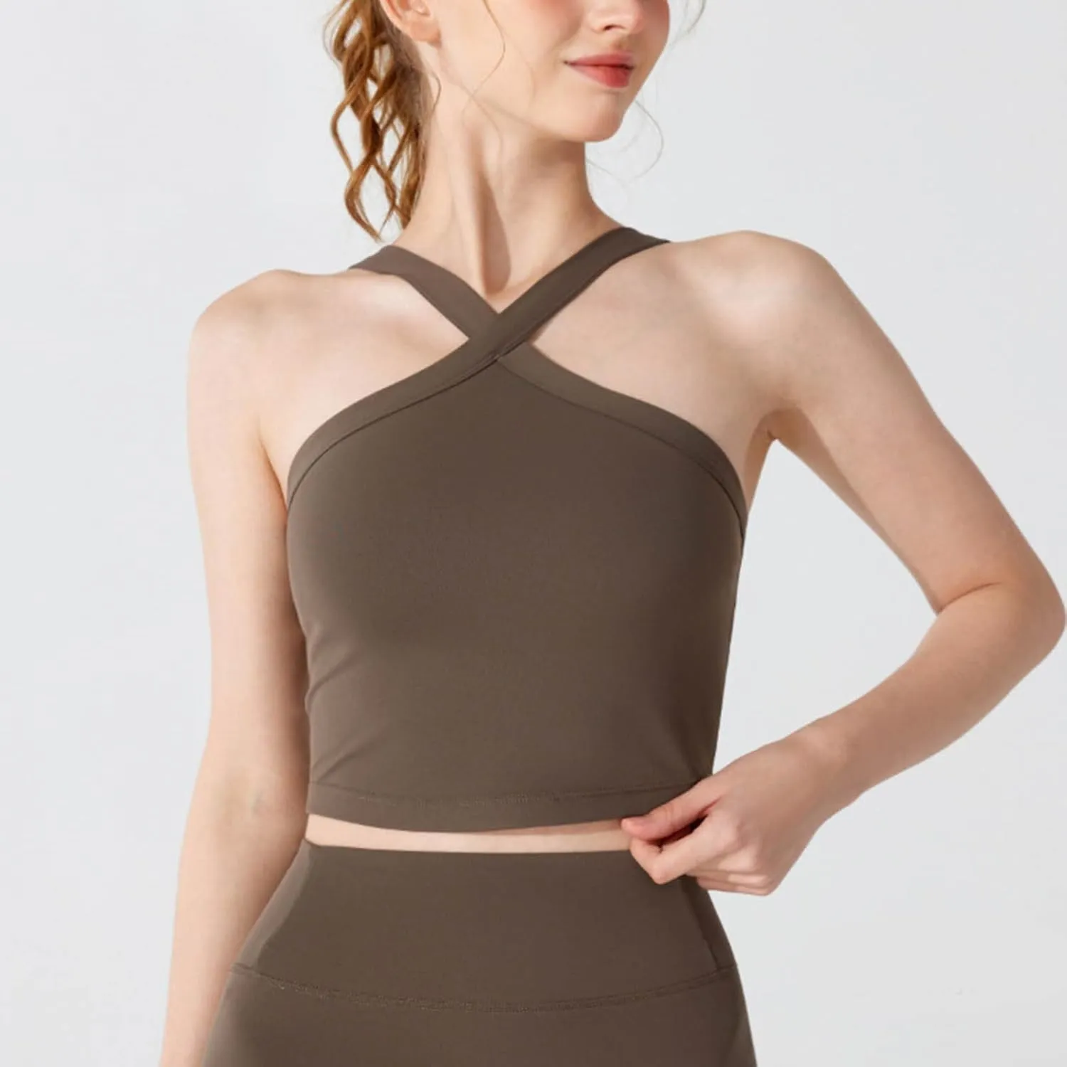 Women's Crop Tops Sexy Criss Cross Halter Sleeveless Wrap Front Backless Tee Shirt Solid Fashion Workout Yoga Blouse