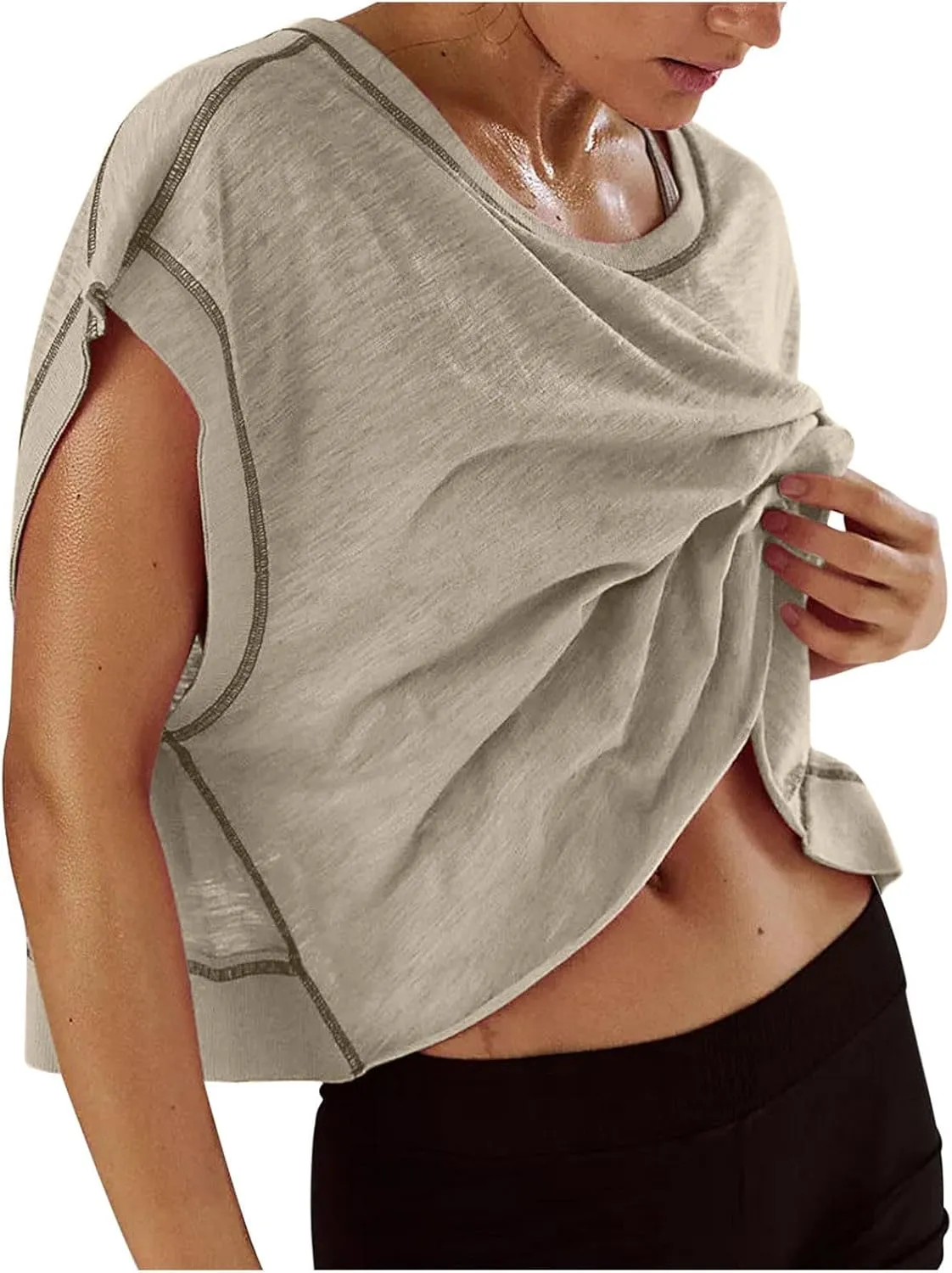 Womens Crop Workout Tops Cap Sleeve Tops Summer Cropped Shirts Open Back Blouses