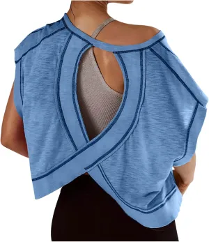 Womens Crop Workout Tops Cap Sleeve Tops Summer Cropped Shirts Open Back Blouses