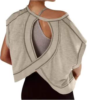 Womens Crop Workout Tops Cap Sleeve Tops Summer Cropped Shirts Open Back Blouses