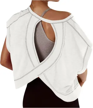 Womens Crop Workout Tops Cap Sleeve Tops Summer Cropped Shirts Open Back Blouses