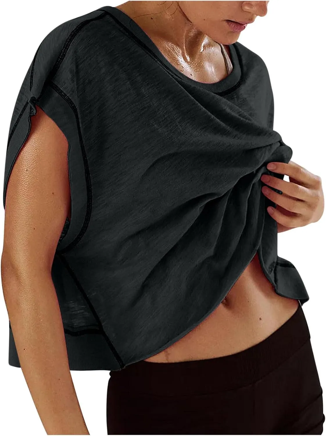Womens Crop Workout Tops Cap Sleeve Tops Summer Cropped Shirts Open Back Blouses
