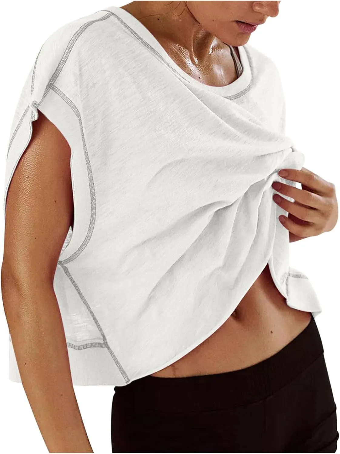Womens Crop Workout Tops Cap Sleeve Tops Summer Cropped Shirts Open Back Blouses