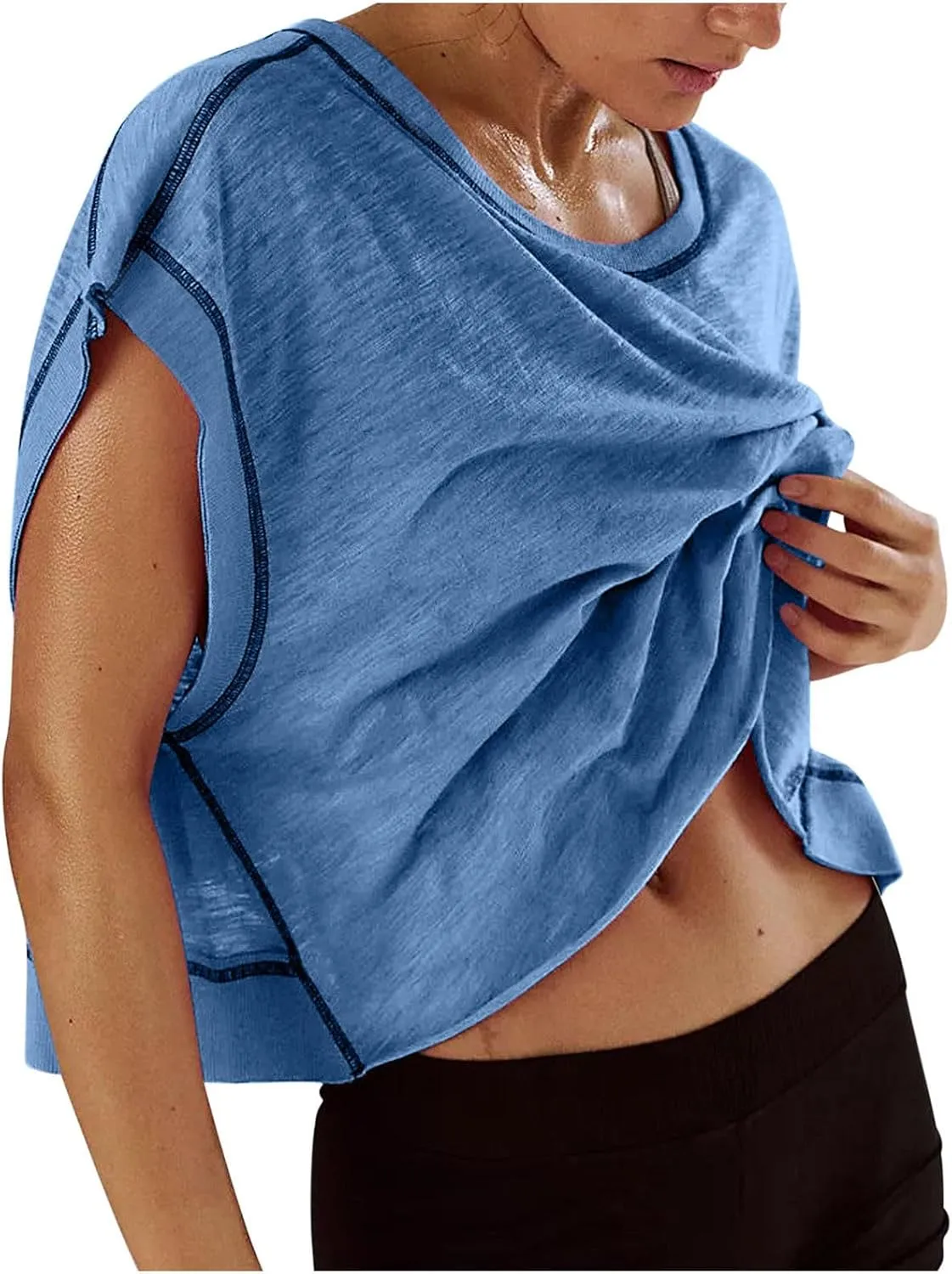 Womens Crop Workout Tops Cap Sleeve Tops Summer Cropped Shirts Open Back Blouses