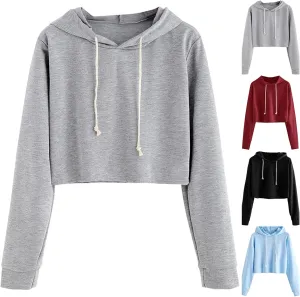 Womens Cropped Sweatshirt Casual Short Cute Hoodies Drawstring Workout Y2k Hoodies Loose Trendy Pullover Sweaters