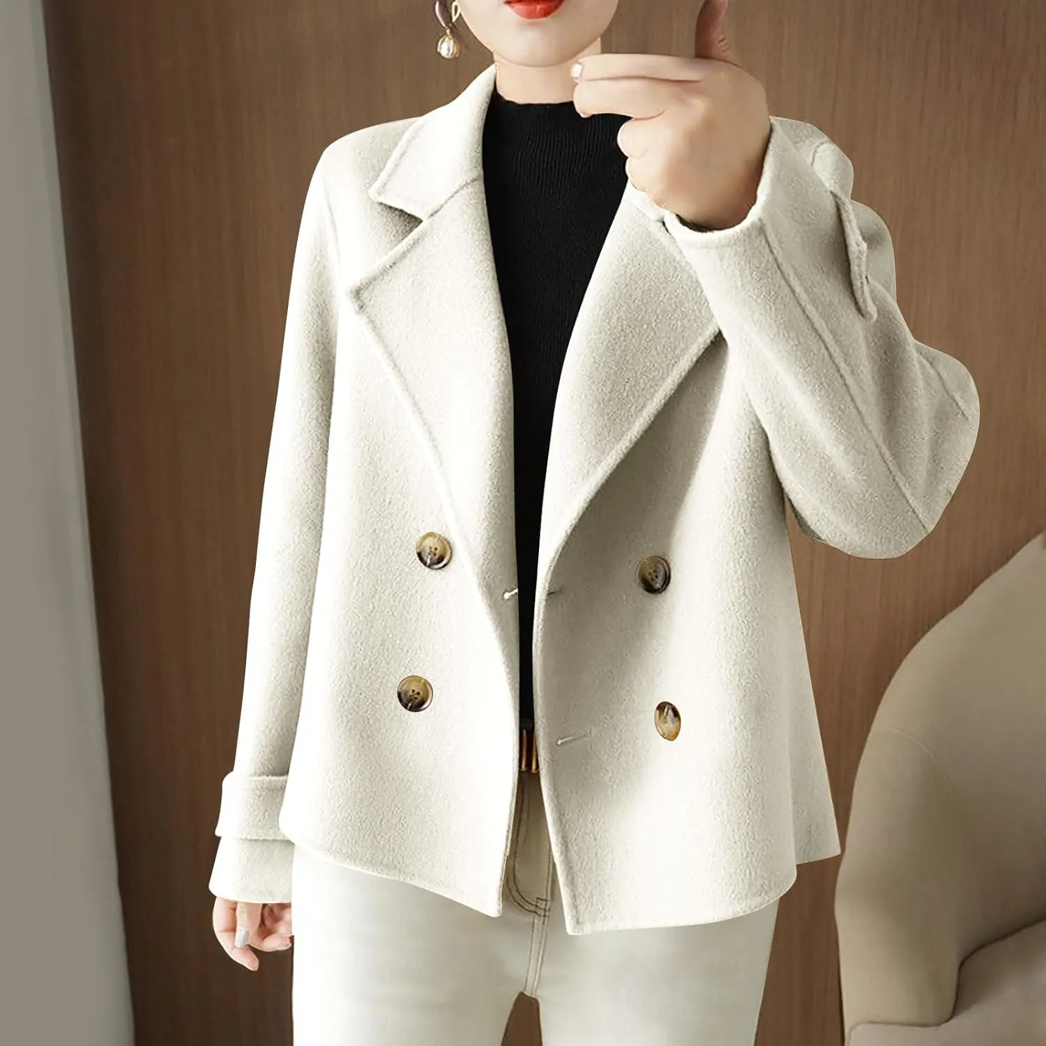 Women's Cropped Wool Blend Blazer Coats Notched Lapel Open Front Double Breasted Work Business Suits Jackets Outwear