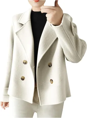 Women's Cropped Wool Blend Blazer Coats Notched Lapel Open Front Double Breasted Work Business Suits Jackets Outwear