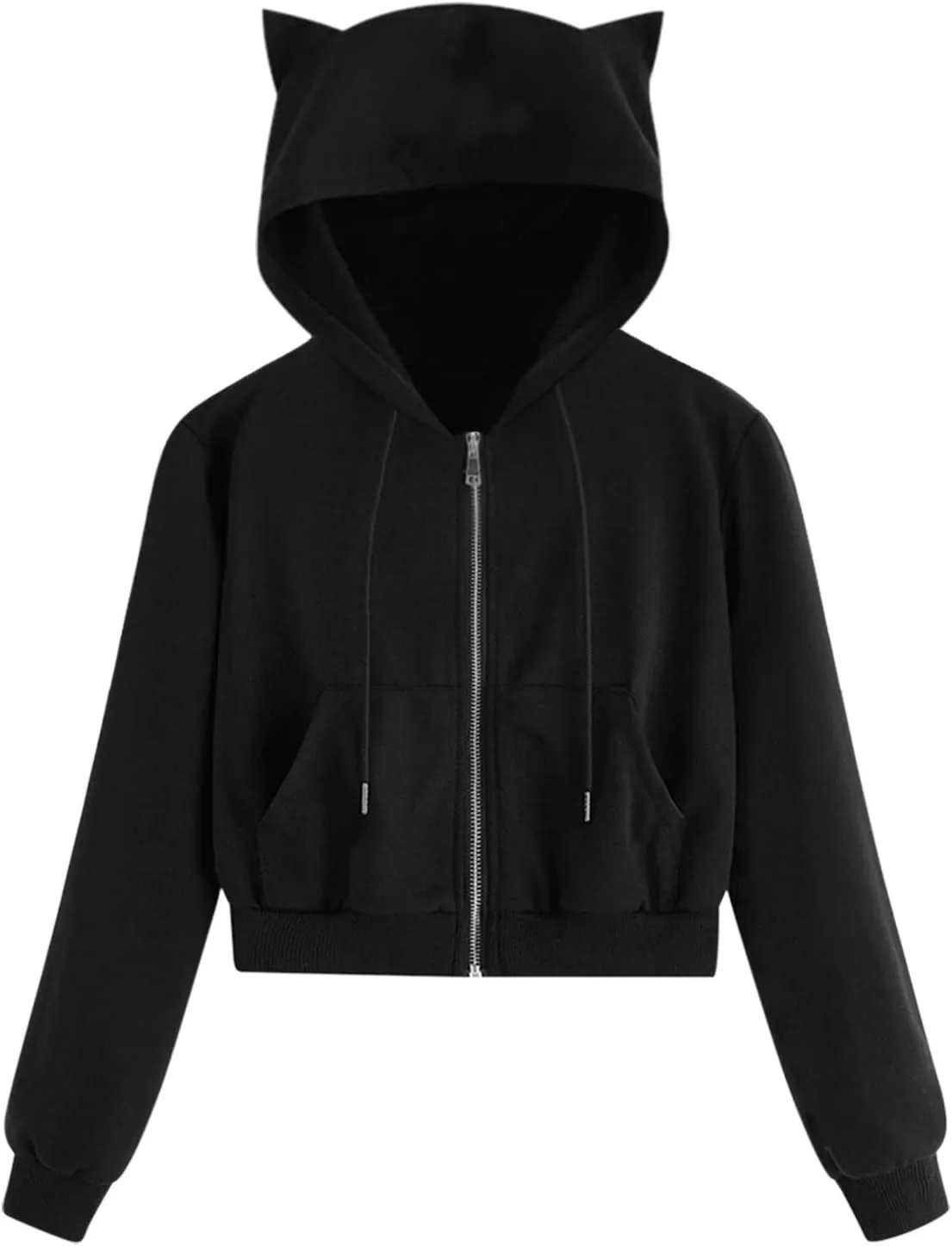 Women's Drawstring Cropped Hoodies Cute Zip Up Sweatshirt with Cat Ear Teen Girls Kawaii Plain Workout Crop Tops