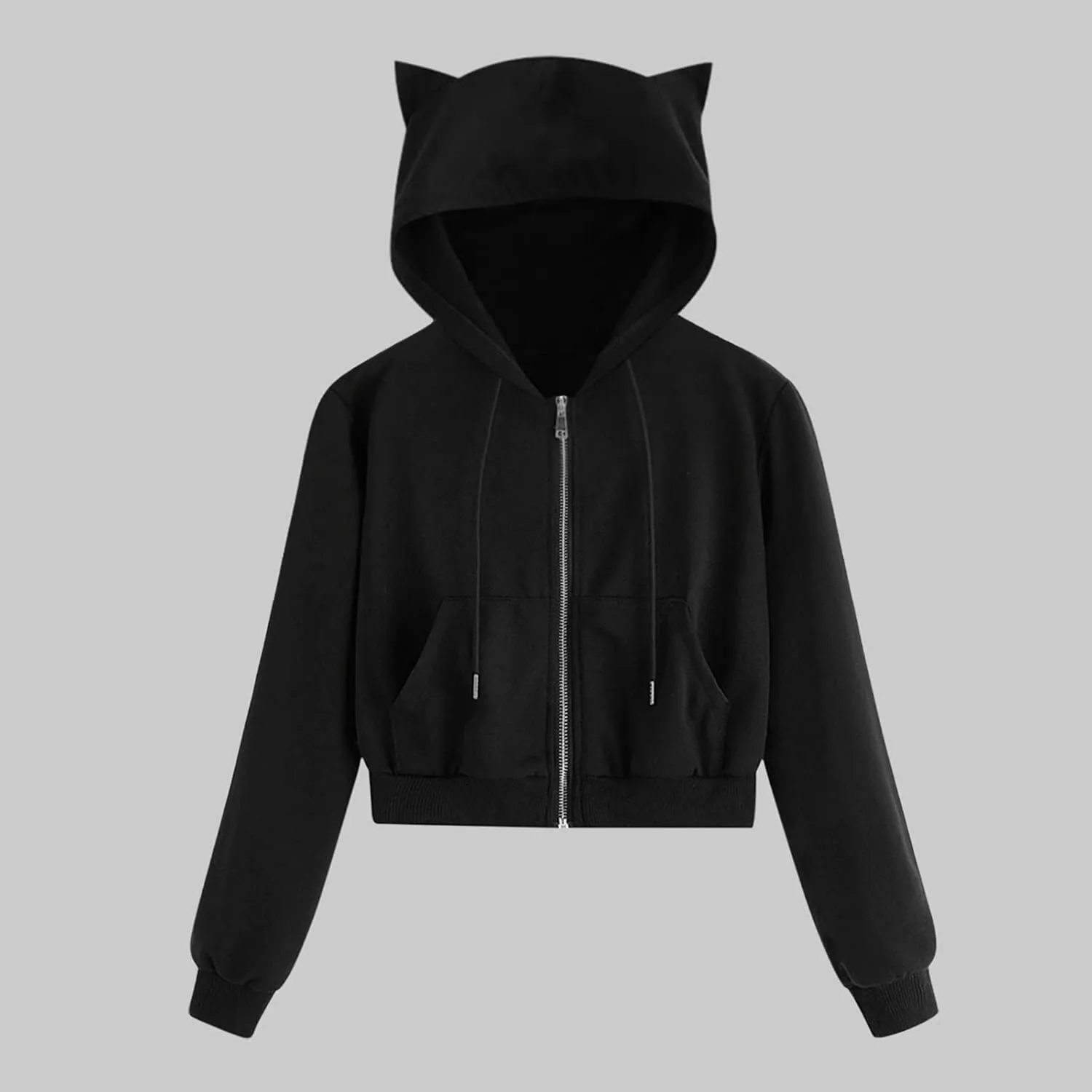 Women's Drawstring Cropped Hoodies Cute Zip Up Sweatshirt with Cat Ear Teen Girls Kawaii Plain Workout Crop Tops