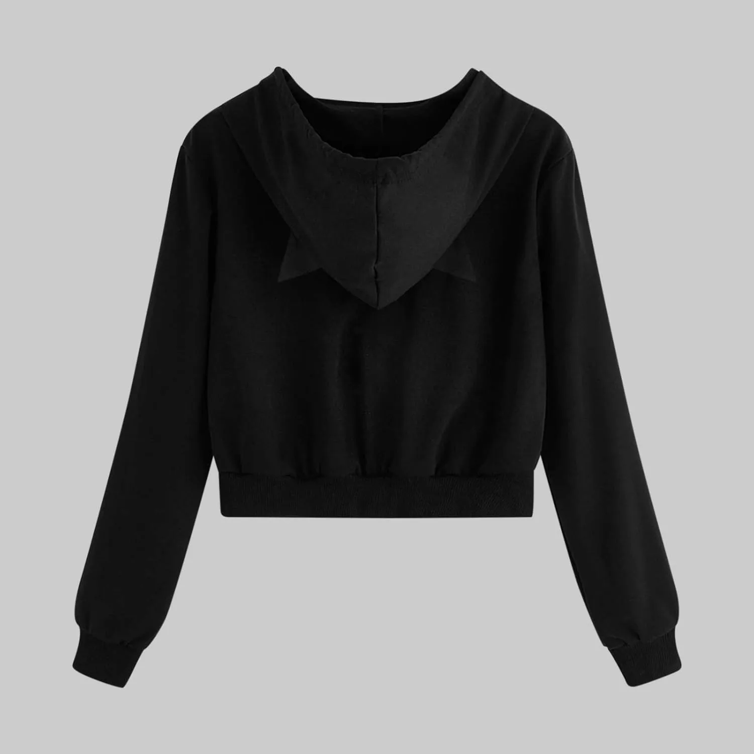Women's Drawstring Cropped Hoodies Cute Zip Up Sweatshirt with Cat Ear Teen Girls Kawaii Plain Workout Crop Tops