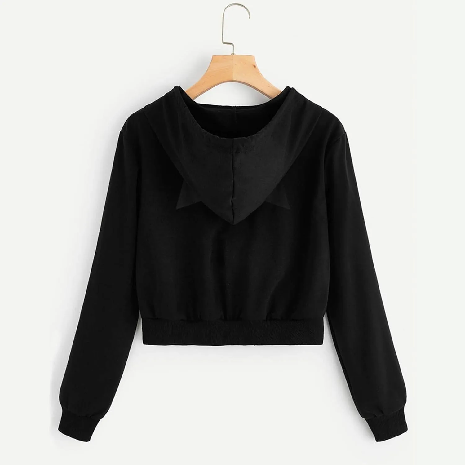 Women's Drawstring Cropped Hoodies Cute Zip Up Sweatshirt with Cat Ear Teen Girls Kawaii Plain Workout Crop Tops