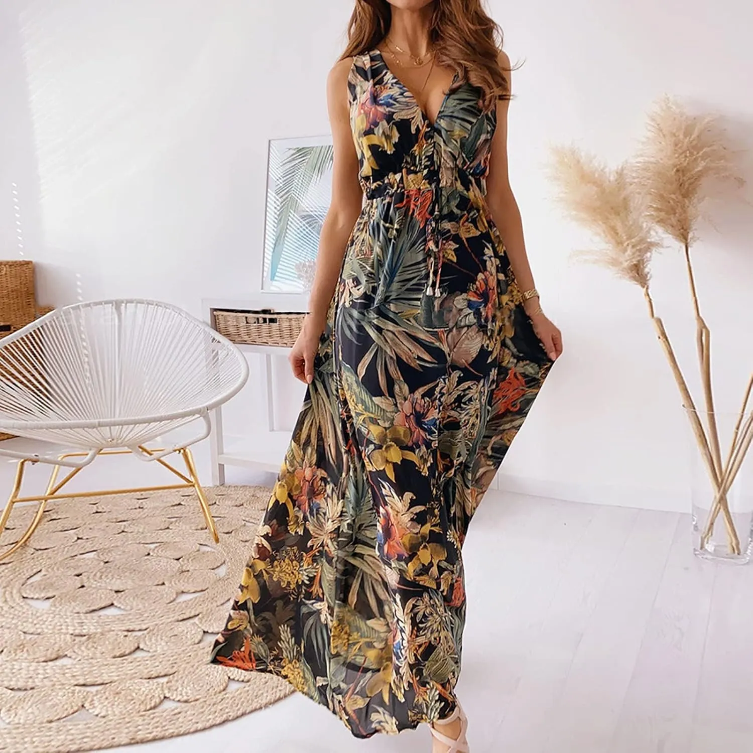 Womens Dresses 2024 Spring Summer Deep V Neck Floral Maxi Dress with Drawstring Flowy Backless Sleeveless A-Line Dress