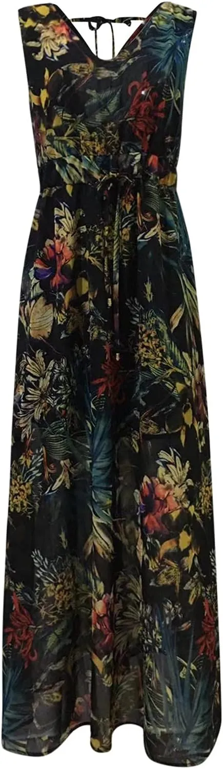 Womens Dresses 2024 Spring Summer Deep V Neck Floral Maxi Dress with Drawstring Flowy Backless Sleeveless A-Line Dress