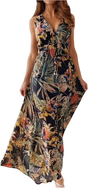 Womens Dresses 2024 Spring Summer Deep V Neck Floral Maxi Dress with Drawstring Flowy Backless Sleeveless A-Line Dress
