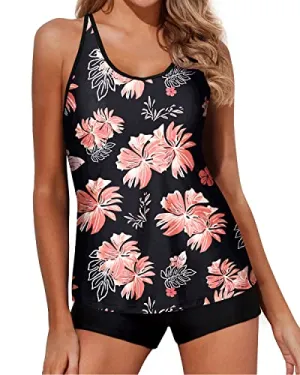 Women's Durable Elasticity Tankini Swimsuits Mid-Waist Boy Shorts-Black Orange Floral