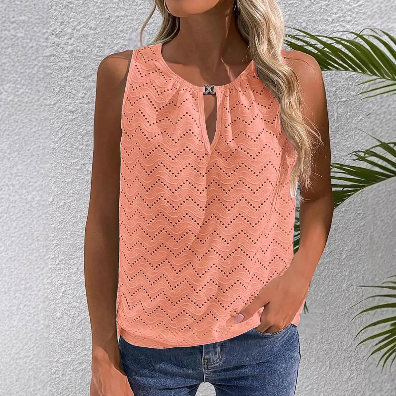 Women's Eyelet Embroidery Hollow Out Casual Tank, Summer Cool Comfy Sleeveless Loose Shirts Fashion Vacation Clothes