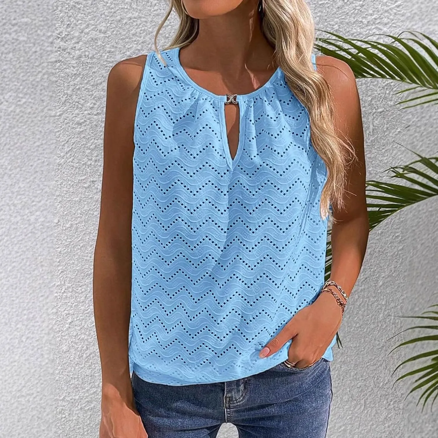 Women's Eyelet Embroidery Hollow Out Casual Tank, Summer Cool Comfy Sleeveless Loose Shirts Fashion Vacation Clothes