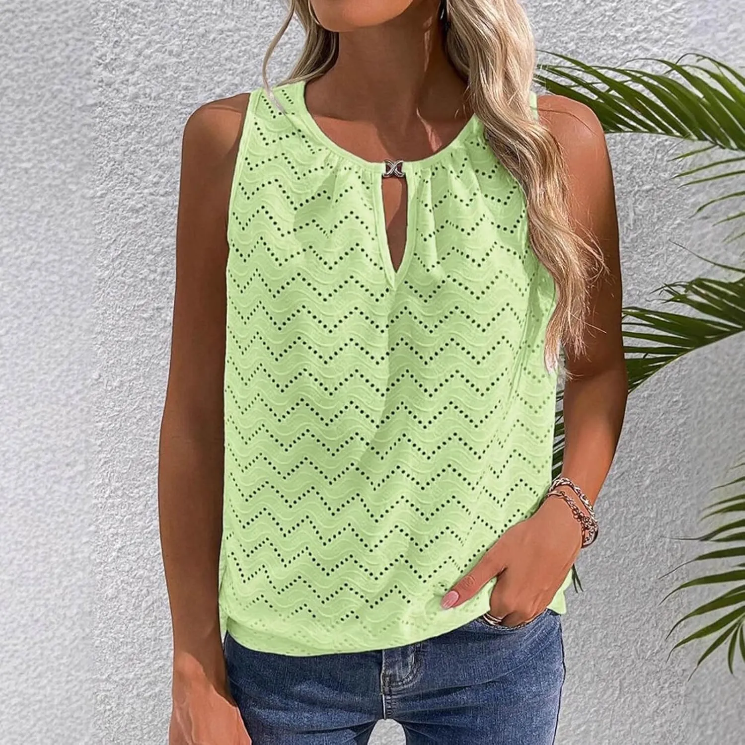 Women's Eyelet Embroidery Hollow Out Casual Tank, Summer Cool Comfy Sleeveless Loose Shirts Fashion Vacation Clothes