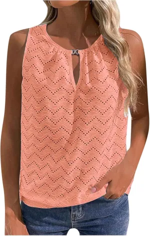 Women's Eyelet Embroidery Hollow Out Casual Tank, Summer Cool Comfy Sleeveless Loose Shirts Fashion Vacation Clothes