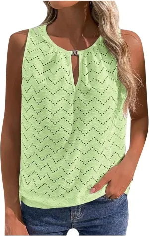 Women's Eyelet Embroidery Hollow Out Casual Tank, Summer Cool Comfy Sleeveless Loose Shirts Fashion Vacation Clothes