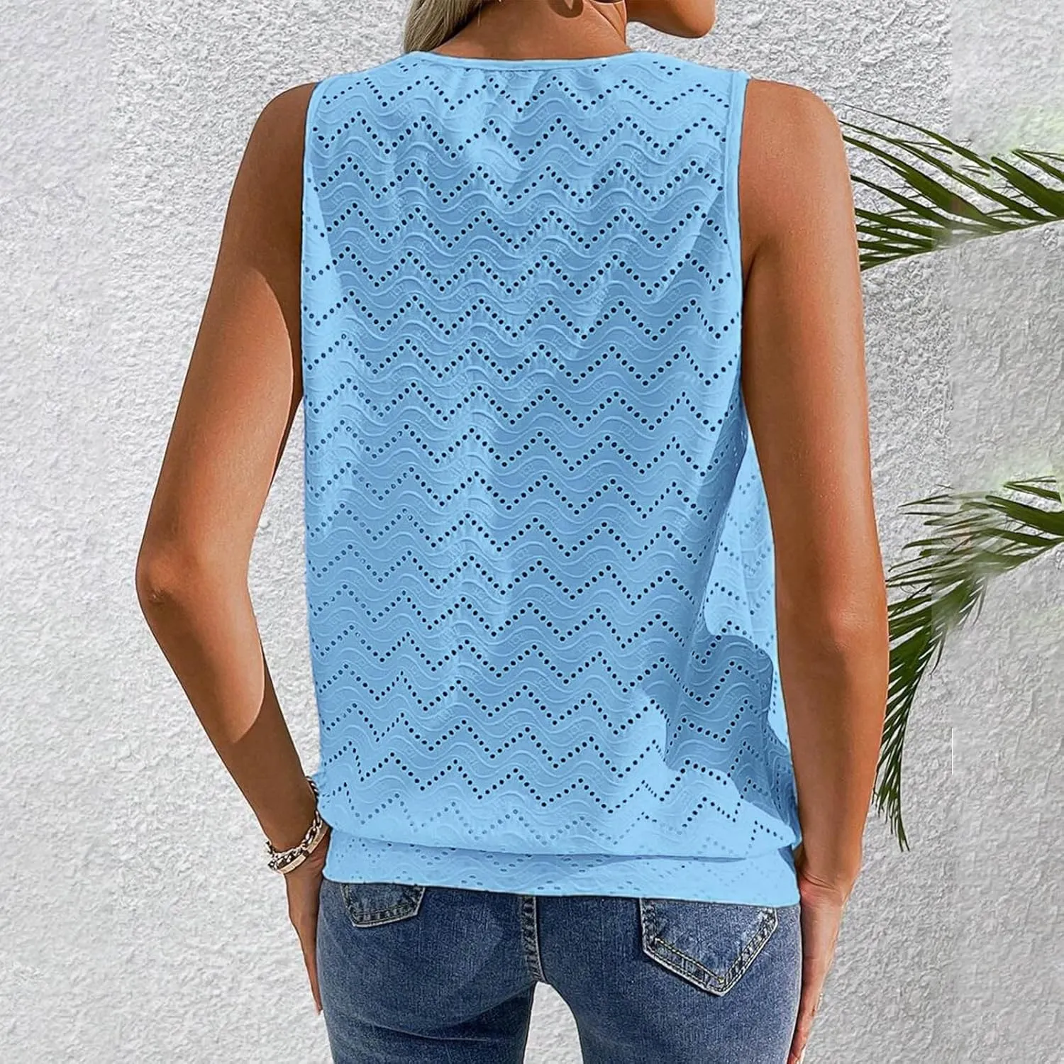 Women's Eyelet Embroidery Hollow Out Casual Tank, Summer Cool Comfy Sleeveless Loose Shirts Fashion Vacation Clothes