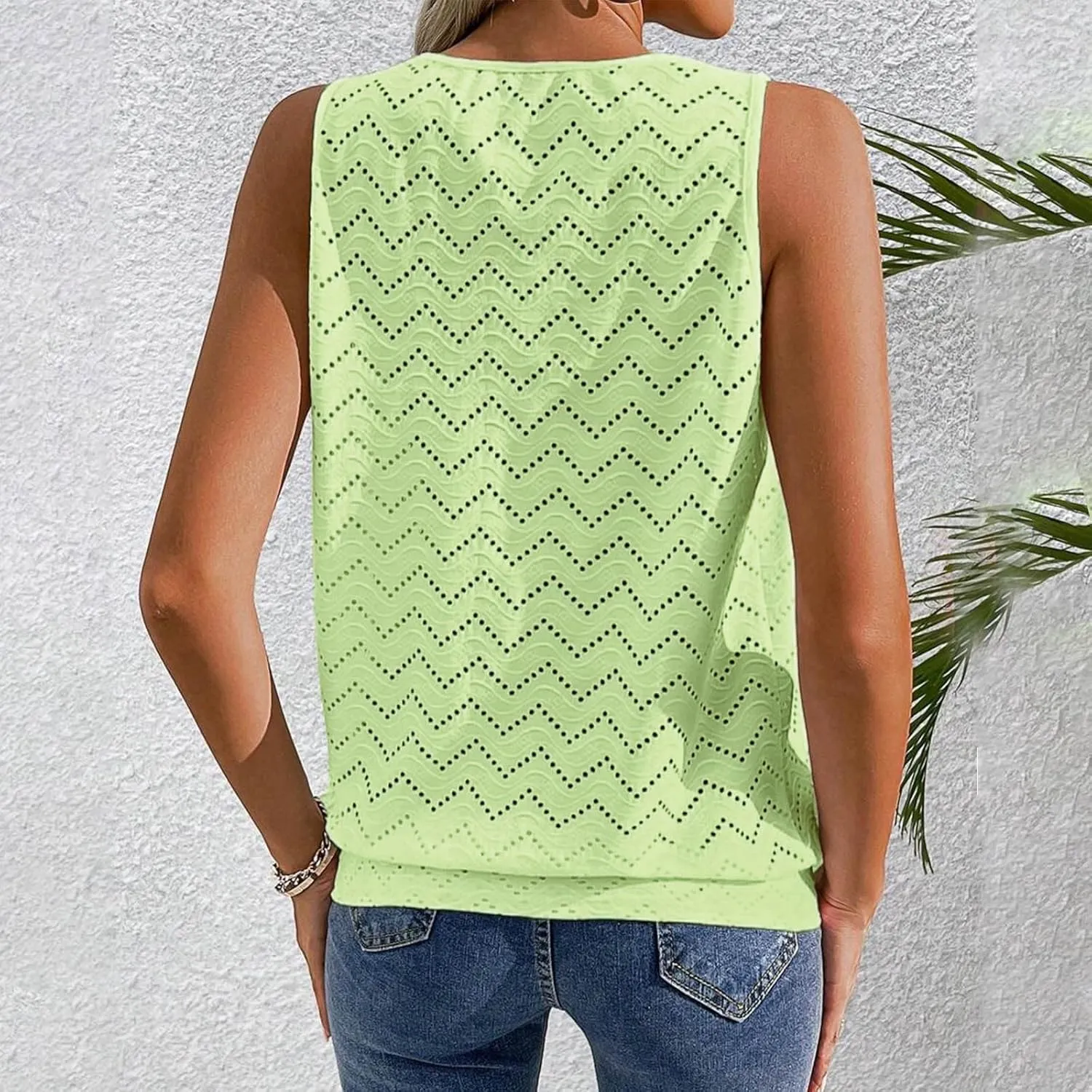 Women's Eyelet Embroidery Hollow Out Casual Tank, Summer Cool Comfy Sleeveless Loose Shirts Fashion Vacation Clothes