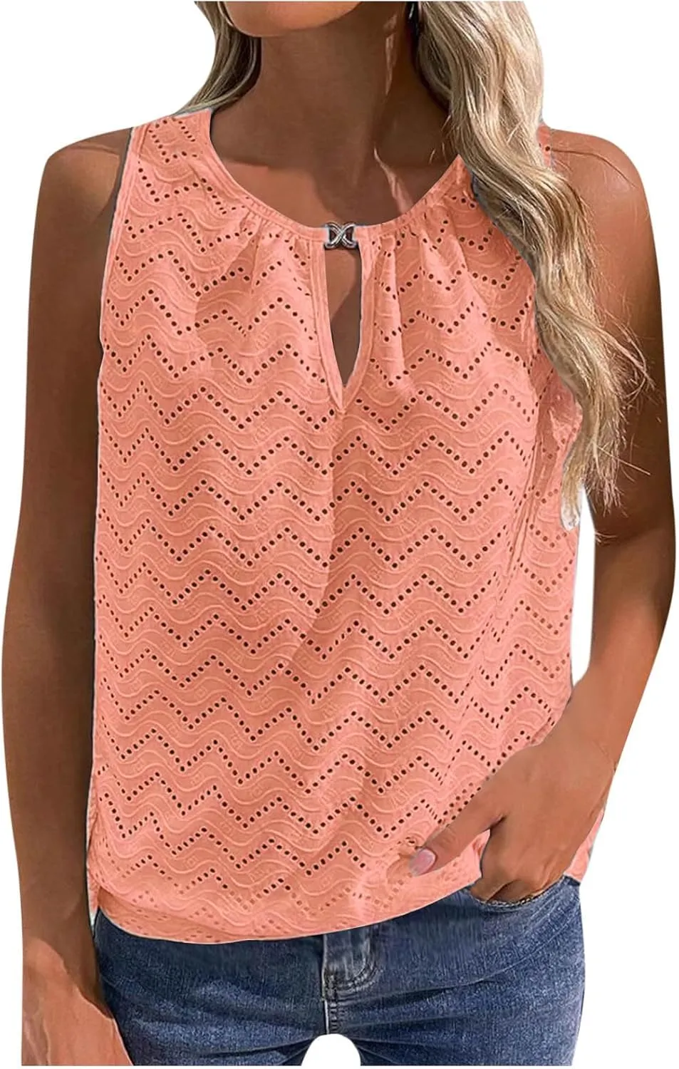 Women's Eyelet Embroidery Hollow Out Casual Tank, Summer Cool Comfy Sleeveless Loose Shirts Fashion Vacation Clothes
