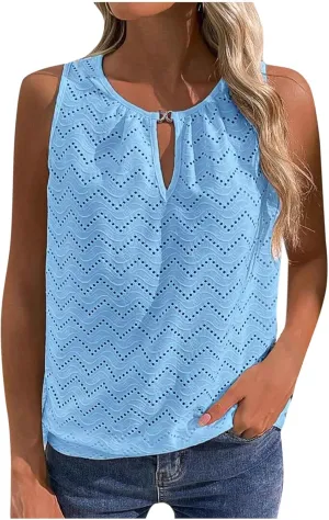 Women's Eyelet Embroidery Hollow Out Casual Tank, Summer Cool Comfy Sleeveless Loose Shirts Fashion Vacation Clothes
