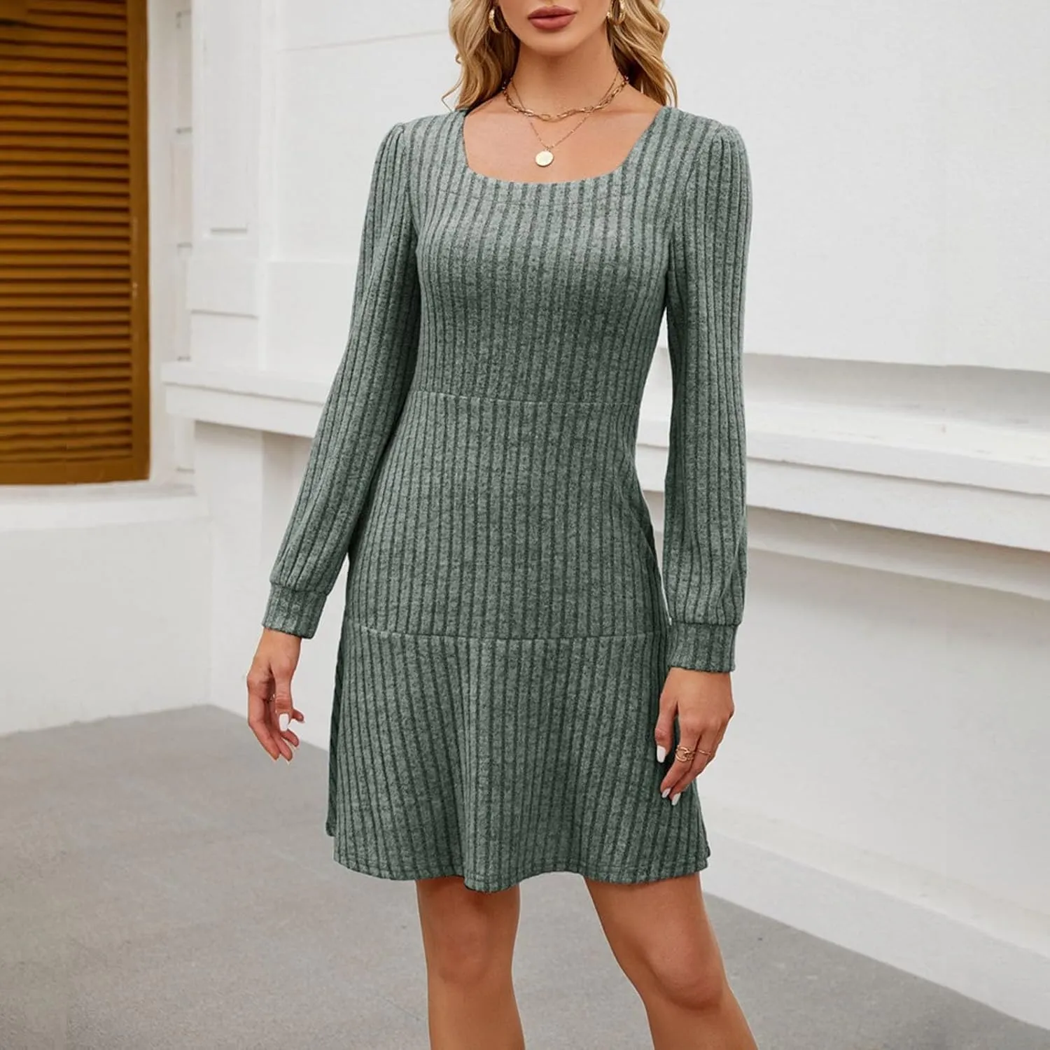 Women's Fall Sweater Dress Square Neck Long Sleeve BAB ydoll Mini Dress 2024 Prom Shirt Dress A Line Dress