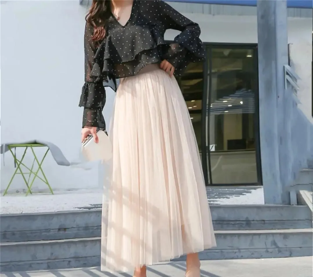 Women's Fashion Gauze Skirt High-Waisted Mid-Length A-Line Skirt Versatile Mesh Puff Skirts